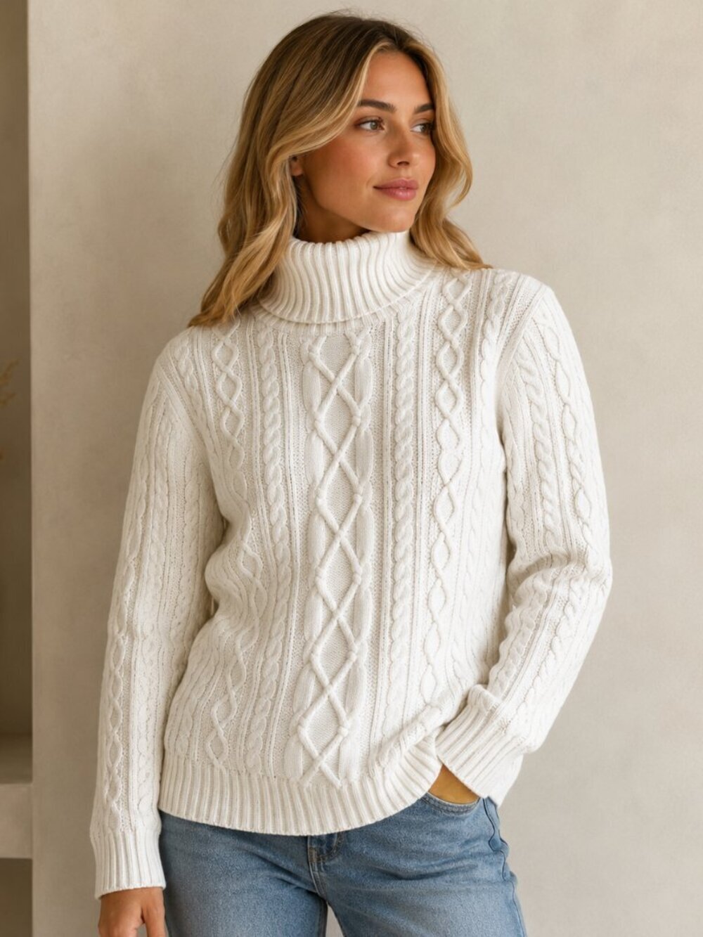 Croft & Barrow White Cable Knit Turtleneck Sweater Size Medium